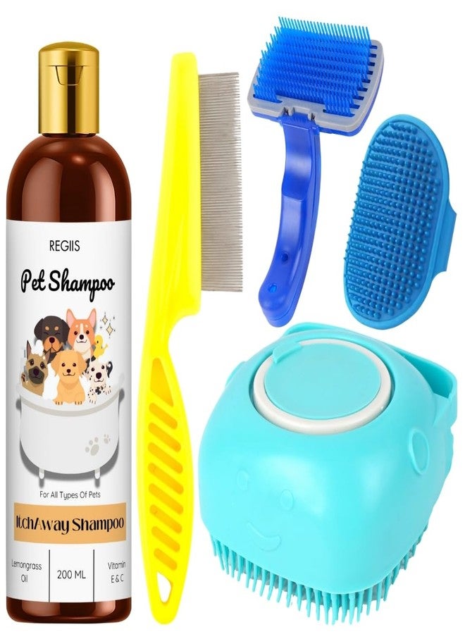 Regiis Pet Grooming Kit with Itch Away Shampoo, 200ml, Blue Self Cleaning Brush Set, Metal Flea Comb, Dog Bath Accessories(PACK OF 5) - Image 1